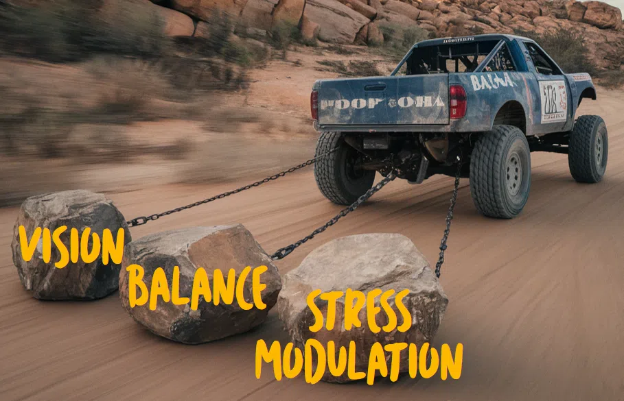 baja truck dragging 3 boulders vision balance stress