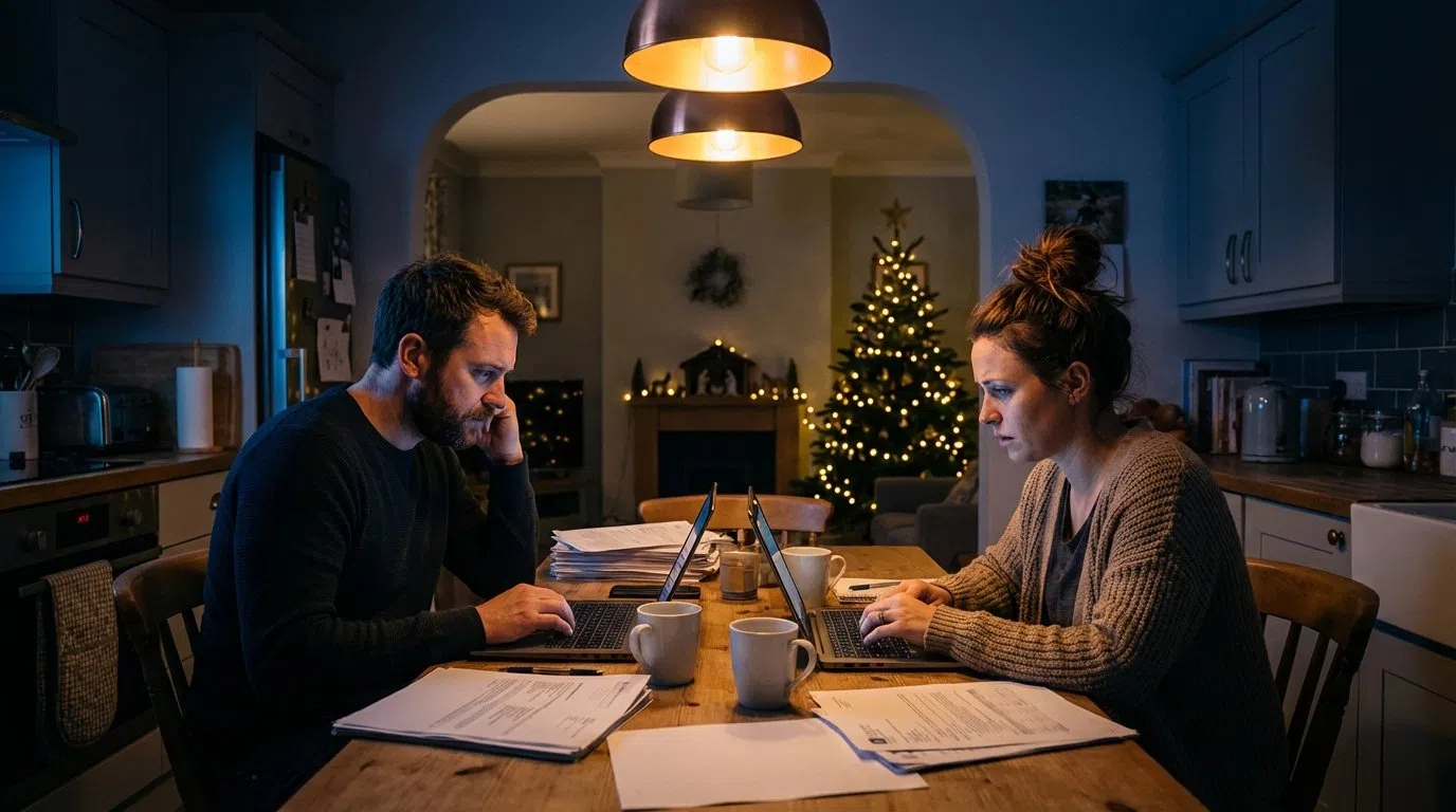 Couple working in kitchen late at night under pressure